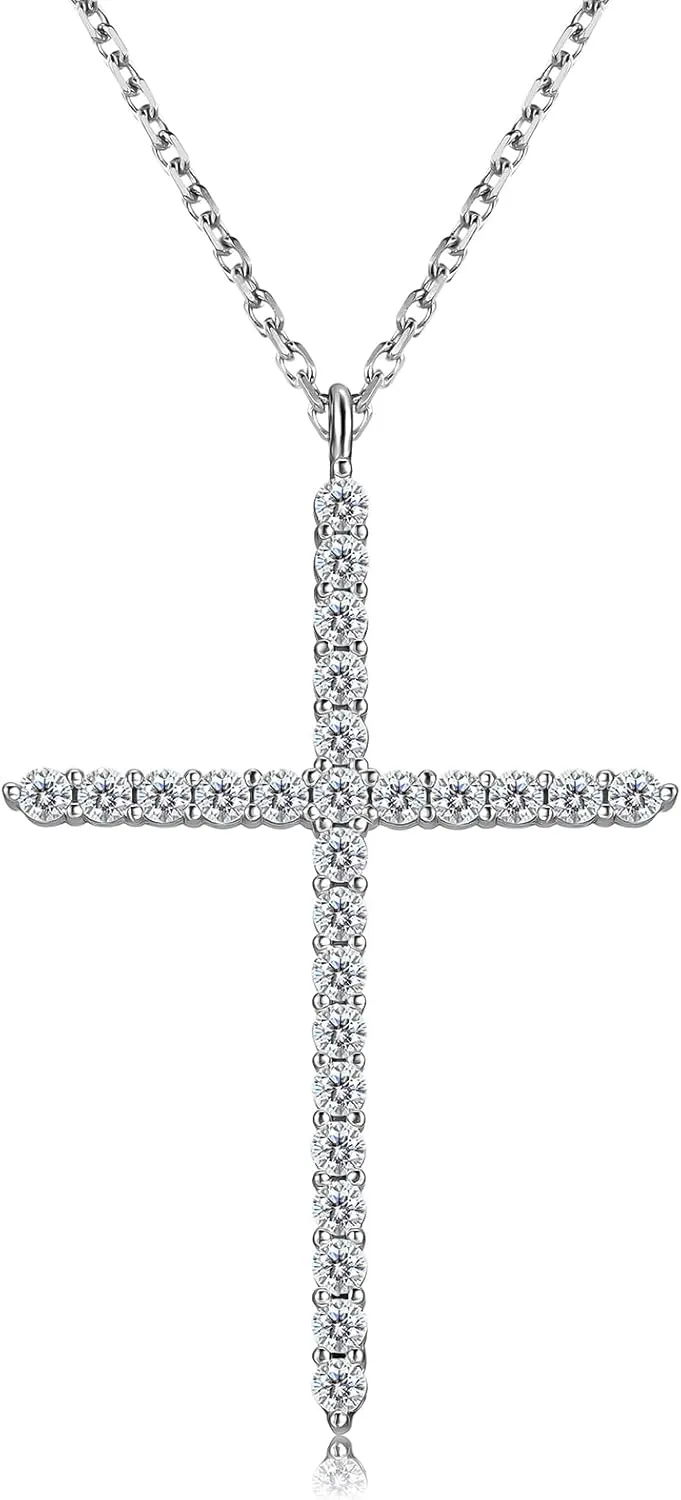 Moissanite Cross Necklace for Women, 925 Sterling Silver Diamond Crucifix Pendant, 14K White Gold Plated Iced Out Jesus Christian Jewelry, Birthday Wedding Christmas Gift (17 2.5 Adjustable Chain, with Box)
