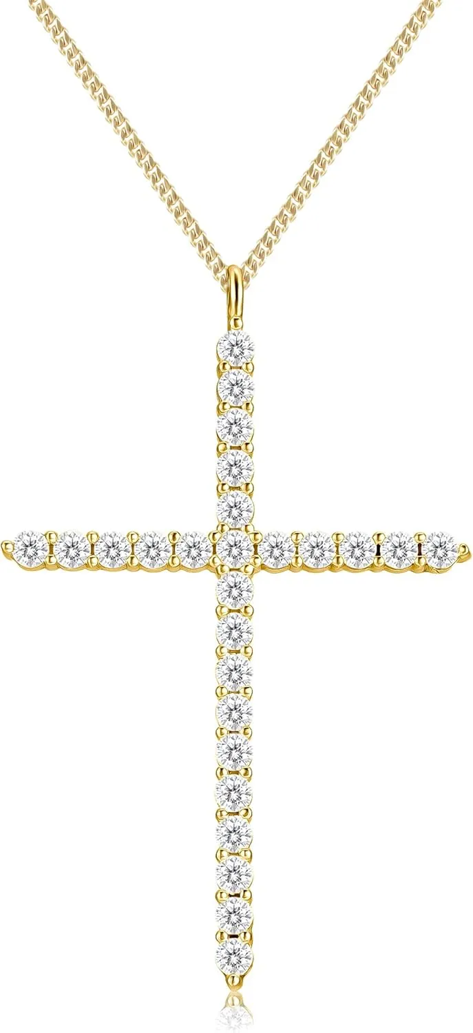 Moissanite Cross Necklace for Women, 925 Sterling Silver Diamond Crucifix Pendant, 14K White Gold Plated Iced Out Jesus Christian Jewelry, Birthday Wedding Christmas Gift (17 2.5 Adjustable Chain, with Box)