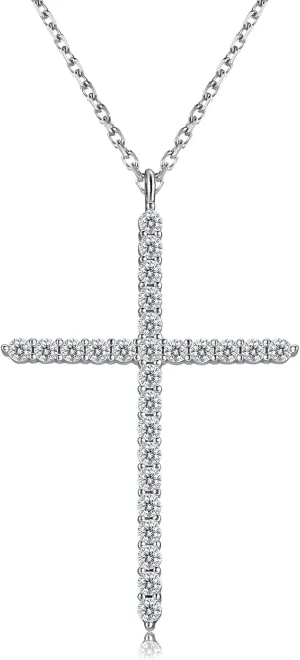 Moissanite Cross Necklace for Women, 925 Sterling Silver Diamond Crucifix Pendant, 14K White Gold Plated Iced Out Jesus Christian Jewelry, Birthday Wedding Christmas Gift (17 2.5 Adjustable Chain, with Box)