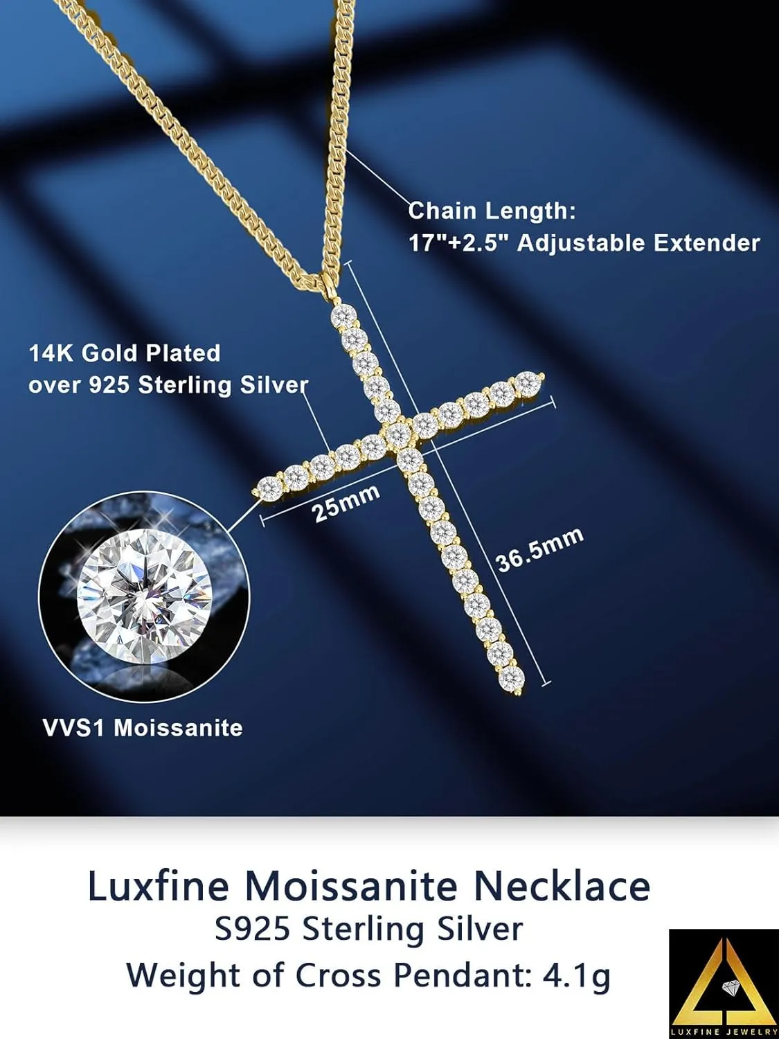 Moissanite Cross Necklace for Women, 925 Sterling Silver Diamond Crucifix Pendant, 14K White Gold Plated Iced Out Jesus Christian Jewelry, Birthday Wedding Christmas Gift (17 2.5 Adjustable Chain, with Box)