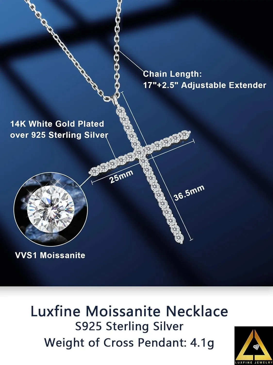 Moissanite Cross Necklace for Women, 925 Sterling Silver Diamond Crucifix Pendant, 14K White Gold Plated Iced Out Jesus Christian Jewelry, Birthday Wedding Christmas Gift (17 2.5 Adjustable Chain, with Box)