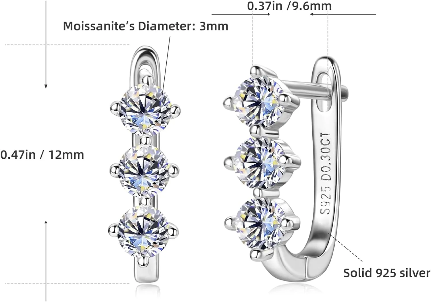 Moissanite Hoop Earrings for Women, Lab Imitation Diamond Huggie Earrings, 18K White Gold Plated D Color Round Cut 925 Sterling Silver Earrings, GRA Certified