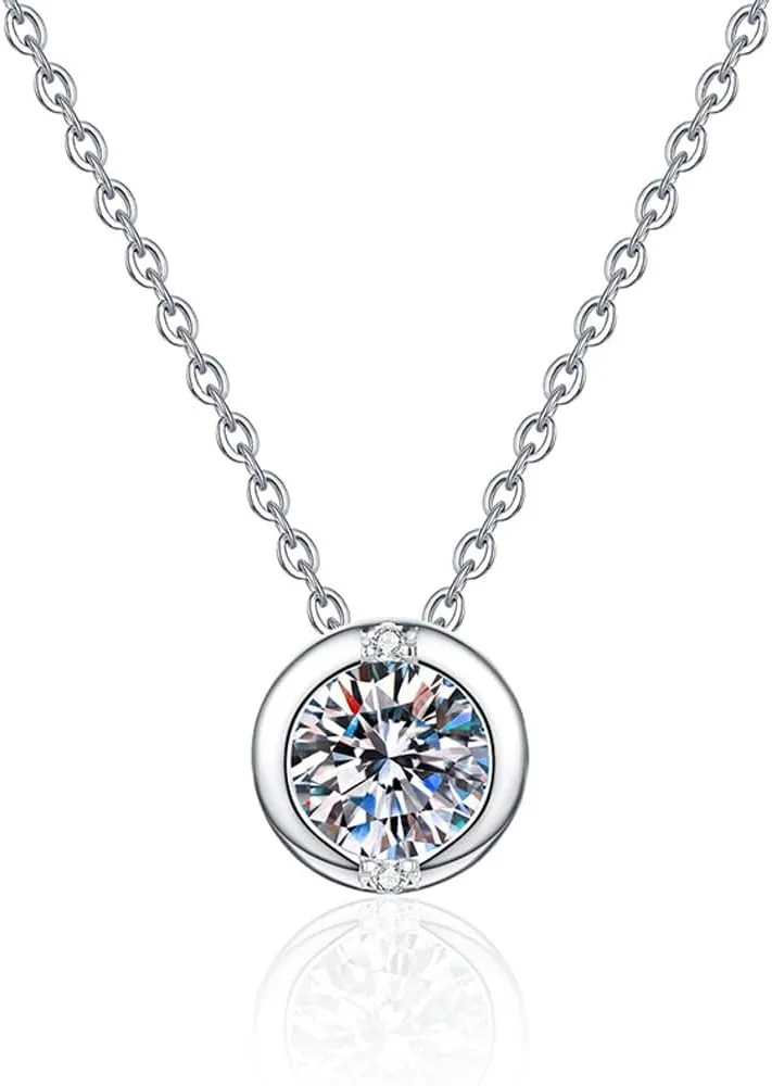 Moissanite Pendant Necklace, 1 Carat Round Moissanite with 925 Sterling Silver Pendant Necklace, Anniversary Mothers Day Jewelry Gifts for Mom Wife,Christmas Valentines Present for Women