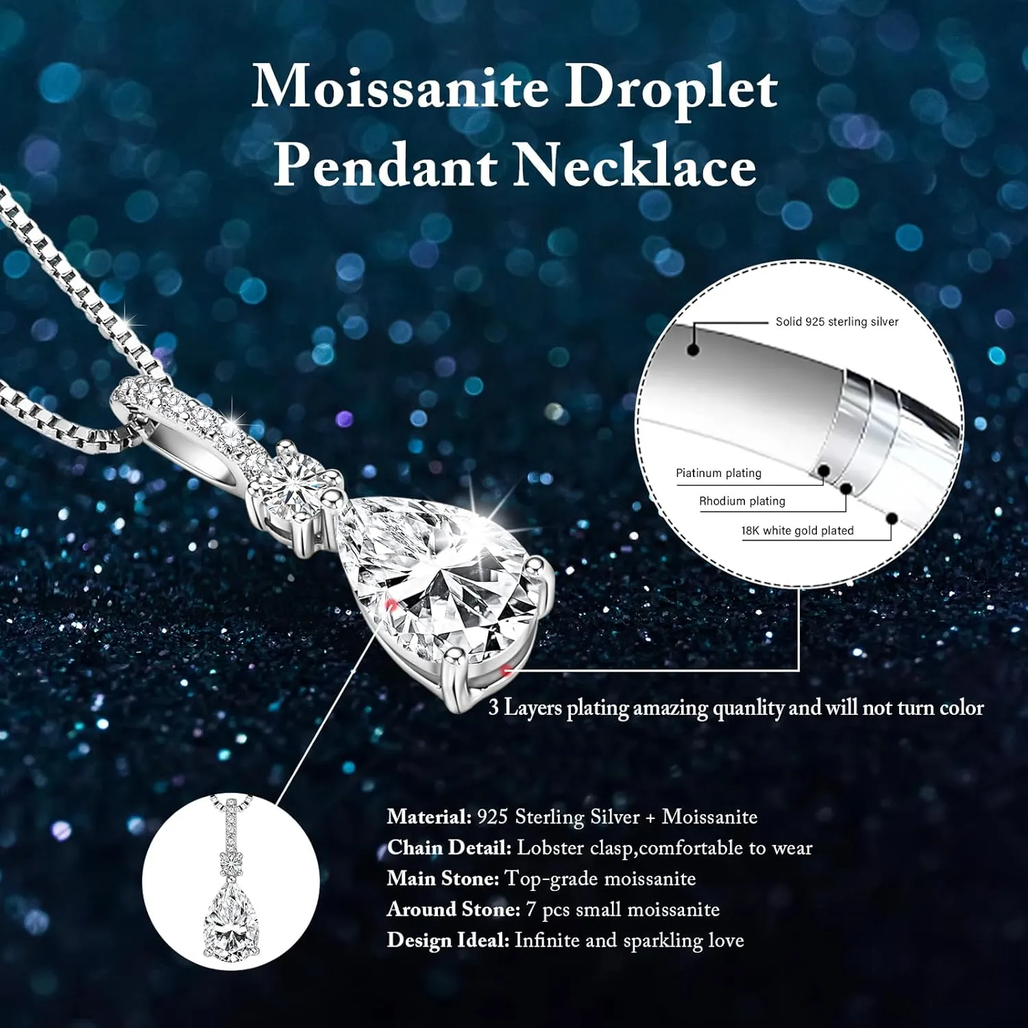 Moissanite Pendant Necklace for Women, 1.5/2/4 CT D Color VVS1 Pear Cut lab-created Imitation Diamond Necklaces, Valentine Anniversary Birthday Jewelry Present for Wife Mom