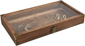 MOOCA Natural Wood Glass Top Jewelry Display Case Accessories Storage Box, Jewelry Boxes & Organizers with Brass Corners and Metal Clasp, Wooden Tray for Collectibles, Brown Color