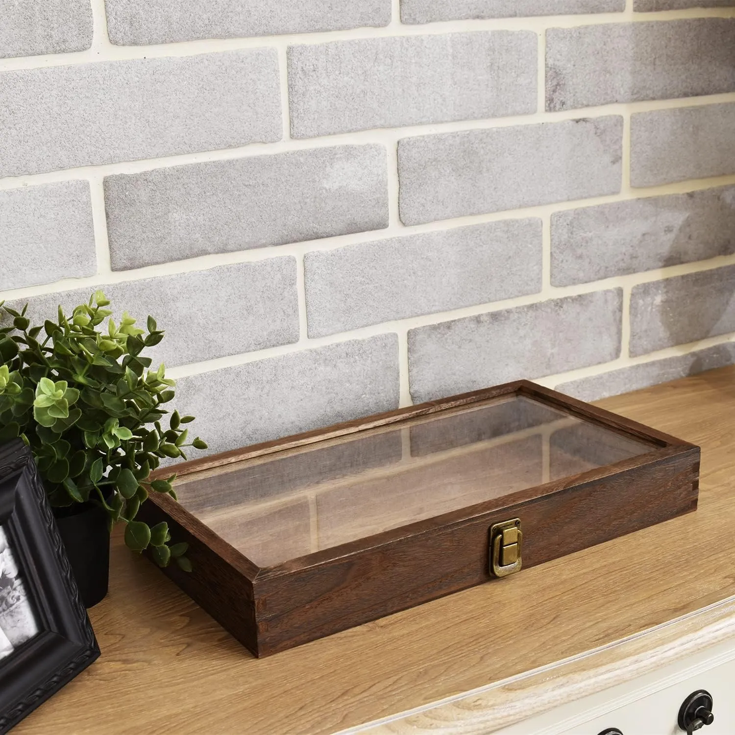 MOOCA Natural Wood Tempered Glass Top Jewelry Display Case Accessories Storage Box with Metal Clasp, Wooden Jewelry Tray for Collectibles, Pocket Knife Display Case, Brown