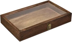 MOOCA Natural Wood Tempered Glass Top Jewelry Display Case Accessories Storage Box with Metal Clasp, Wooden Jewelry Tray for Collectibles, Pocket Knife Display Case, Brown