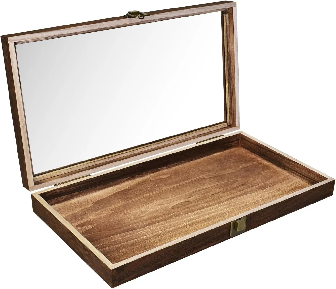 MOOCA Natural Wood Tempered Glass Top Jewelry Display Case Accessories Storage Box with Metal Clasp, Wooden Jewelry Tray for Collectibles, Pocket Knife Display Case, Brown
