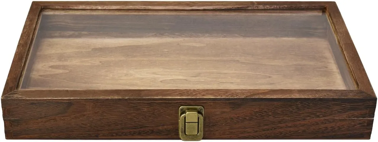 MOOCA Natural Wood Tempered Glass Top Jewelry Display Case Accessories Storage Box with Metal Clasp, Wooden Jewelry Tray for Collectibles, Pocket Knife Display Case, Brown