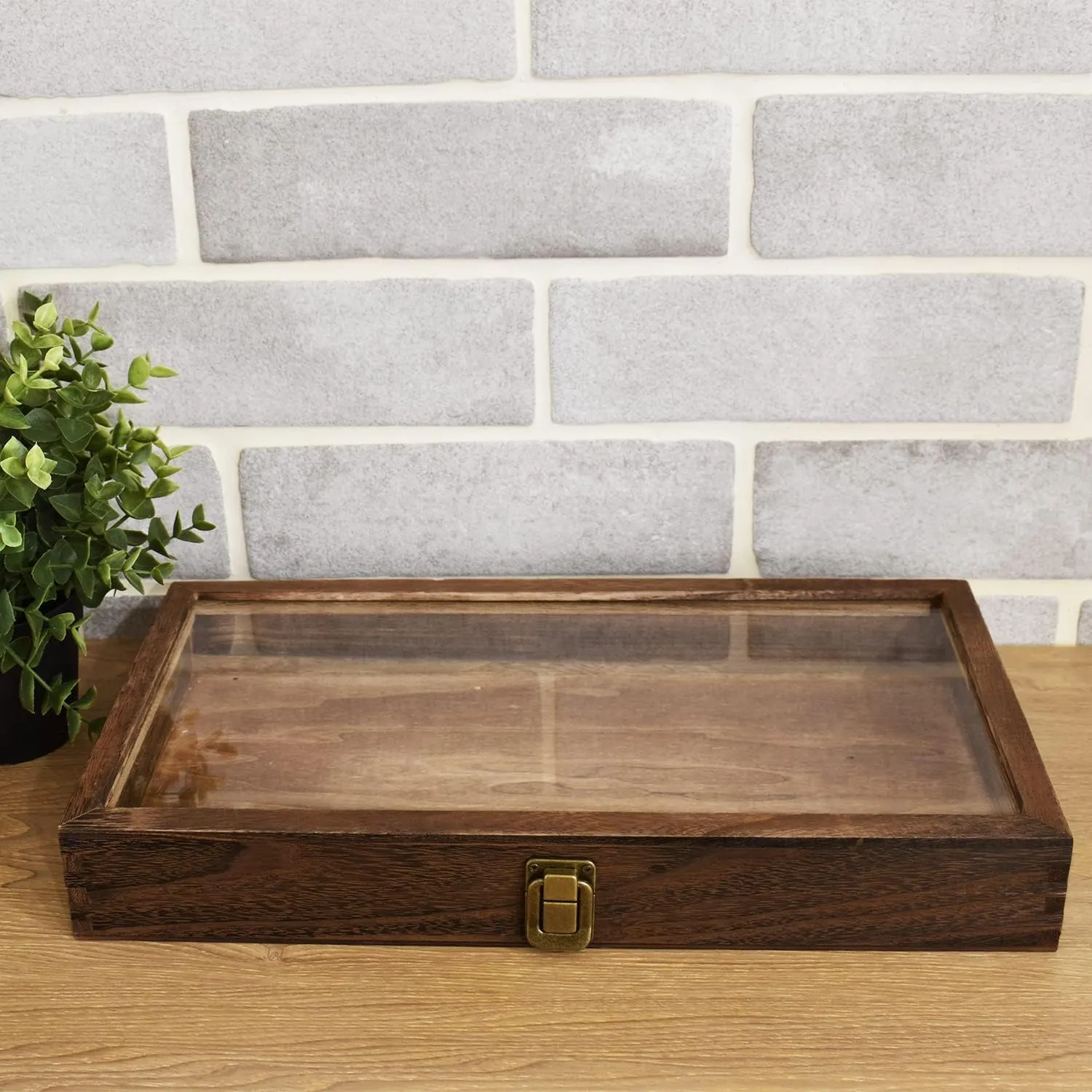 MOOCA Natural Wood Tempered Glass Top Jewelry Display Case Accessories Storage Box with Metal Clasp, Wooden Jewelry Tray for Collectibles, Pocket Knife Display Case, Brown