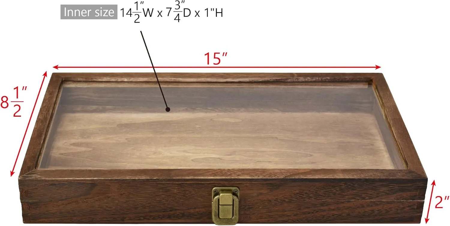 MOOCA Natural Wood Tempered Glass Top Jewelry Display Case Accessories Storage Box with Metal Clasp, Wooden Jewelry Tray for Collectibles, Pocket Knife Display Case, Brown