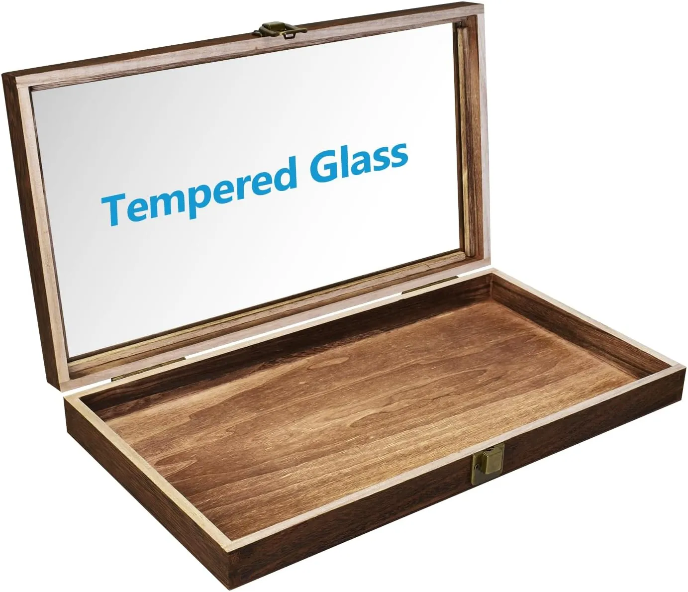 MOOCA Natural Wood Tempered Glass Top Jewelry Display Case Accessories Storage Box with Metal Clasp, Wooden Jewelry Tray for Collectibles, Pocket Knife Display Case, Brown