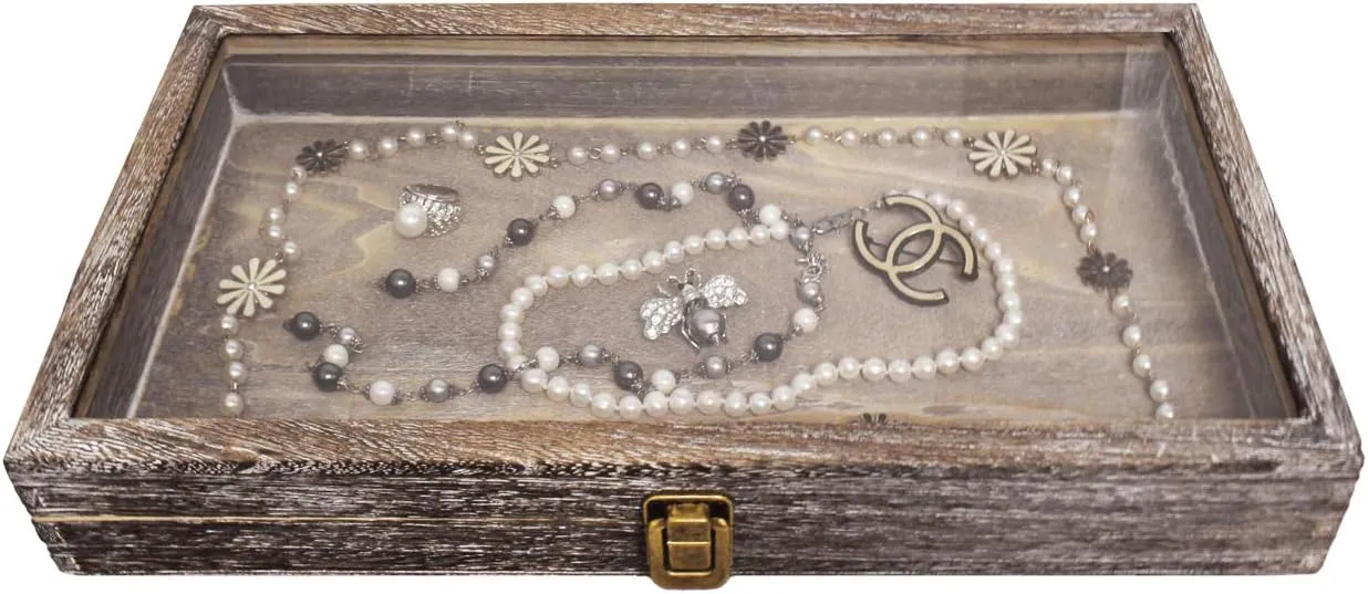 MOOCA Wood Glass Top Jewelry Display Case Accessories Storage, Wooden Jewelry Tray for Collectibles, Pocket Knife Display Case with Metal Clasp and Tempered Glass Top Lid, 2.75 Inch High, Coffee