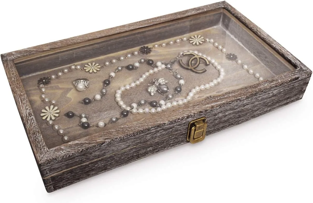 MOOCA Wood Glass Top Jewelry Display Case Accessories Storage, Wooden Jewelry Tray for Collectibles, Pocket Knife Display Case with Metal Clasp and Tempered Glass Top Lid, 2.75 Inch High, Coffee