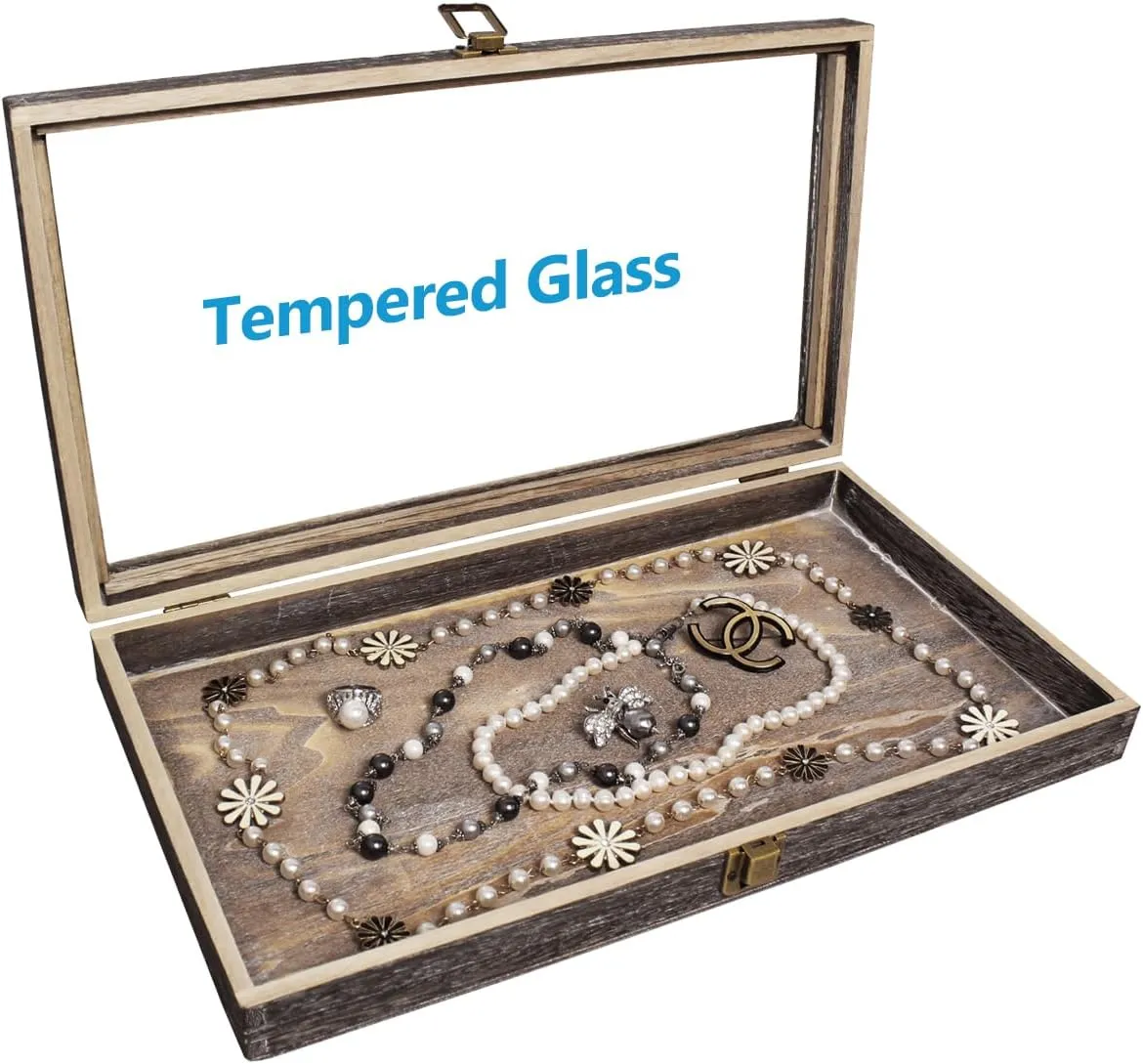 MOOCA Wood Glass Top Jewelry Display Case Accessories Storage, Wooden Jewelry Tray for Collectibles, Pocket Knife Display Case with Metal Clasp and Tempered Glass Top Lid, 2.75 Inch High, Coffee