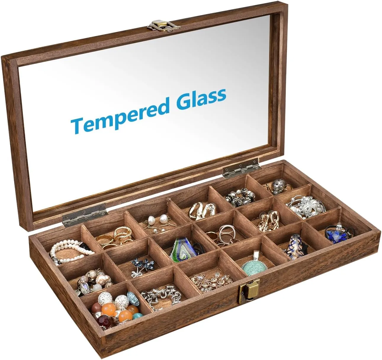 MOOCA Wooden Display Storage Case with Tempered Glass Lid for Jewelry and Beads with 18 Compartments Tray, 15 W x 8 3/8 L x 2 1/8 H in, Brown Color