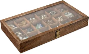 MOOCA Wooden Display Storage Case with Tempered Glass Lid for Jewelry and Beads with 18 Compartments Tray, 15 W x 8 3/8 L x 2 1/8 H in, Brown Color