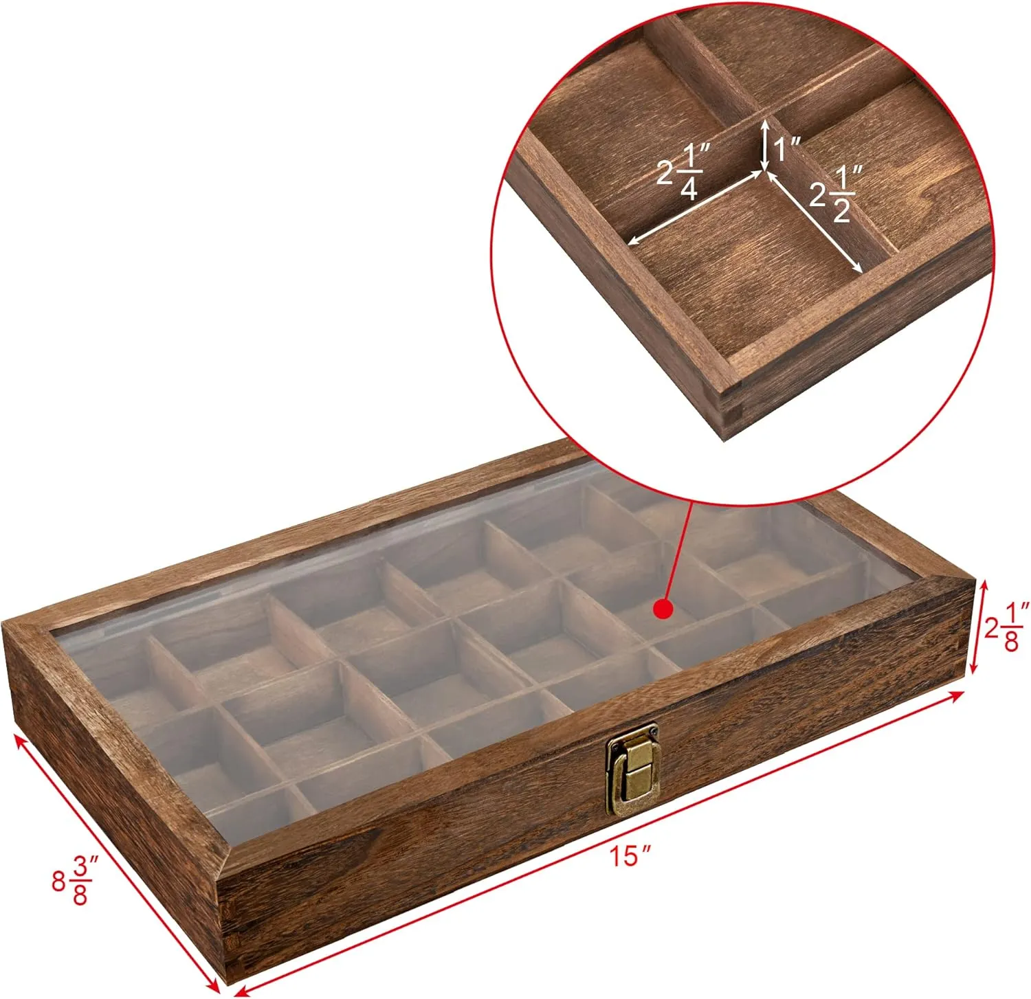 MOOCA Wooden Display Storage Case with Tempered Glass Lid for Jewelry and Beads with 18 Compartments Tray, 15 W x 8 3/8 L x 2 1/8 H in, Brown Color