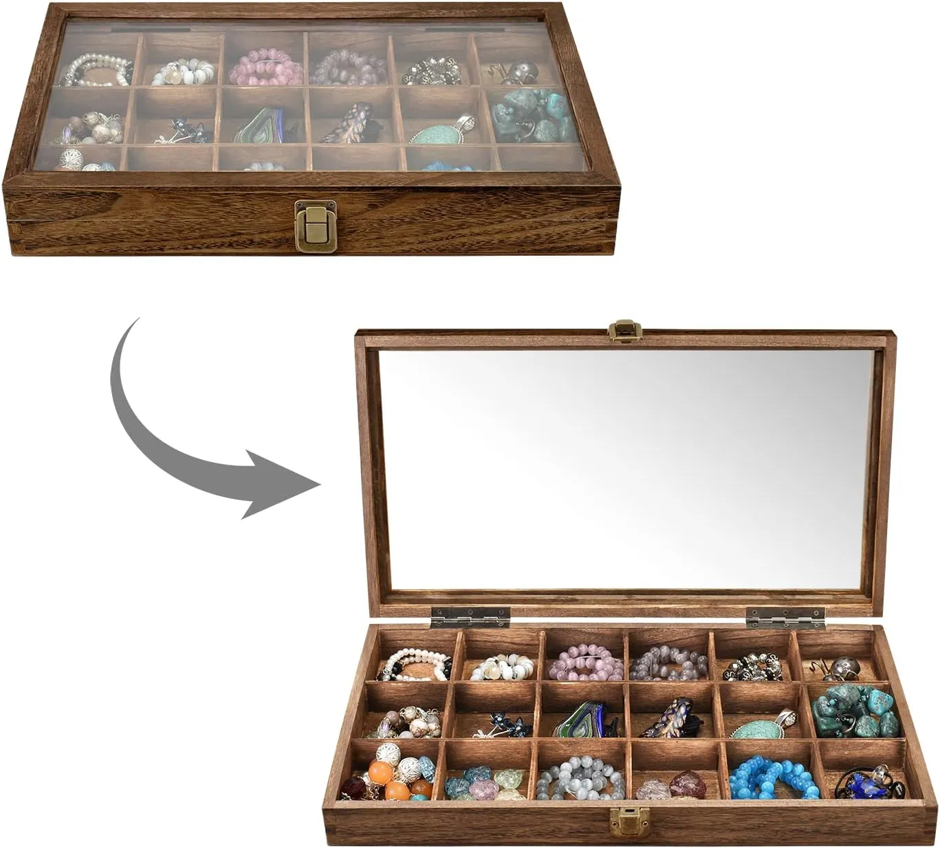 MOOCA Wooden Display Storage Case with Tempered Glass Lid for Jewelry and Beads with 18 Compartments Tray, 15 W x 8 3/8 L x 2 1/8 H in, Brown Color