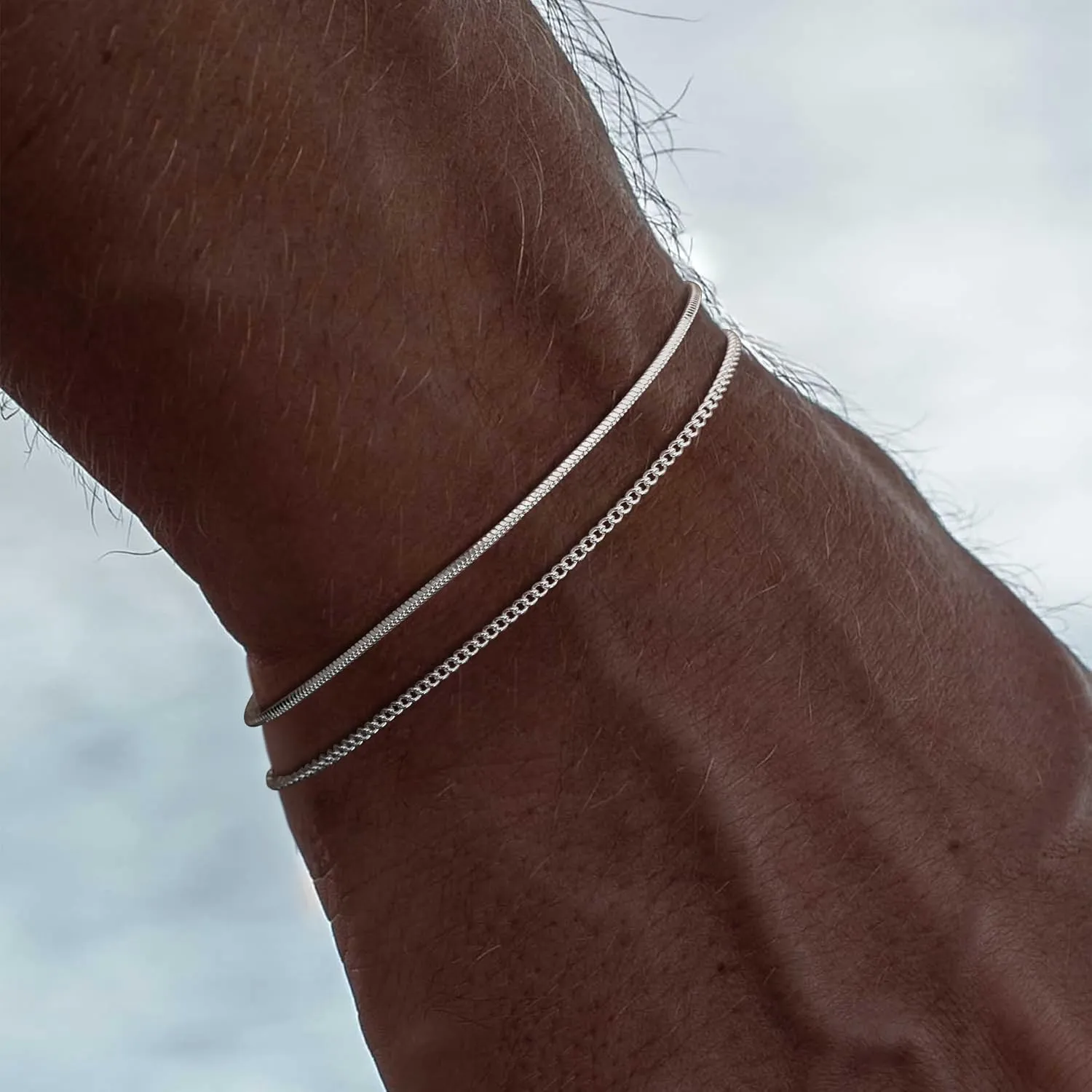 Moodear Stack 6.5-9inch Mens Bracelet Set - Dainty 925 Sterling Silver Cuban Link Snake Rope Figaro Chain Bracelets for Men Trendy Jewelry