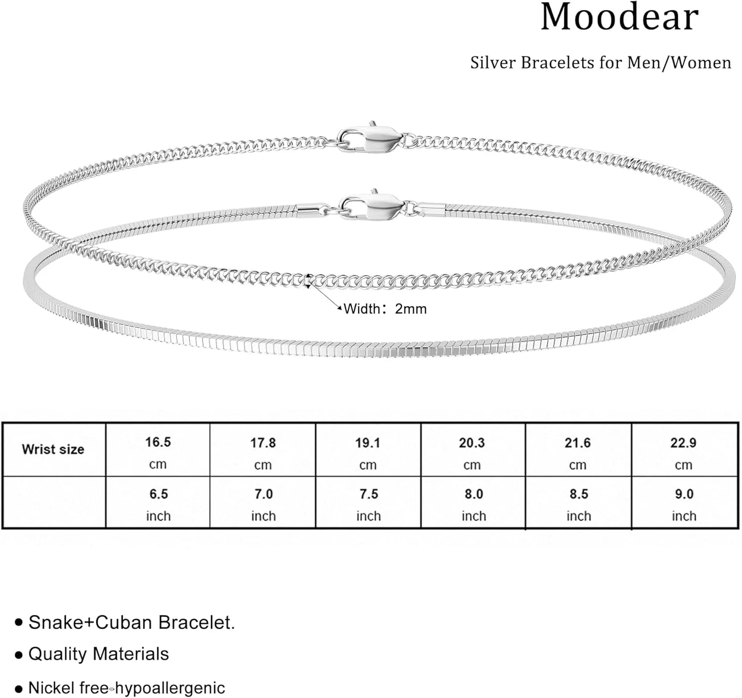 Moodear Stack 6.5-9inch Mens Bracelet Set - Dainty 925 Sterling Silver Cuban Link Snake Rope Figaro Chain Bracelets for Men Trendy Jewelry