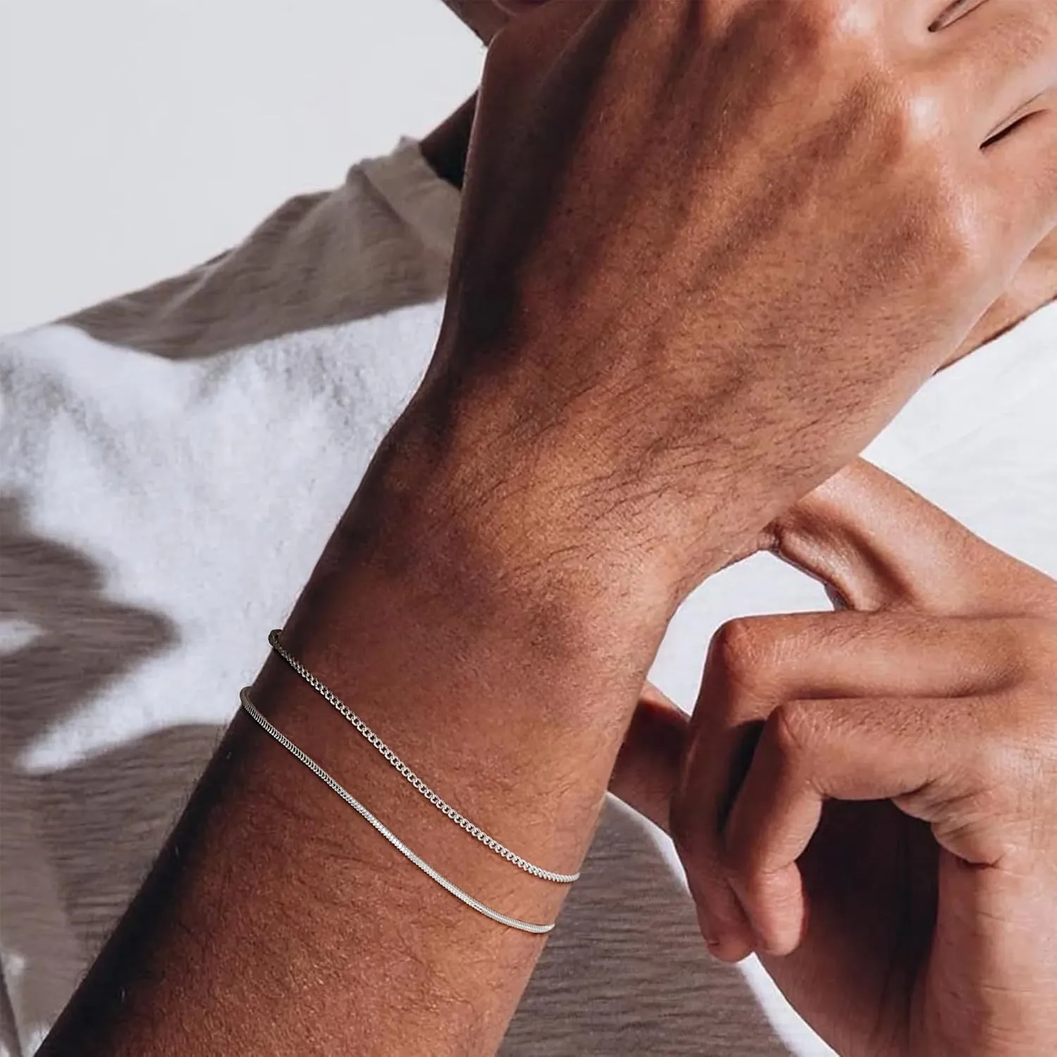 Moodear Stack 6.5-9inch Mens Bracelet Set - Dainty 925 Sterling Silver Cuban Link Snake Rope Figaro Chain Bracelets for Men Trendy Jewelry