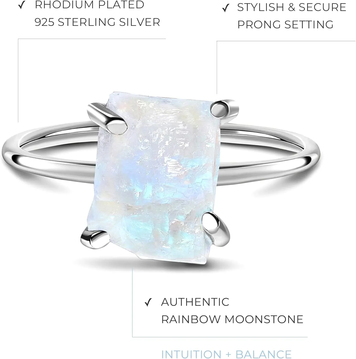 Moon Magic - Authentic Moonstone, Amethyst, Rose Quartz, Aquamarine Rings/Real 925 Sterling Silver - 18K Rose Gold Raw Cristal Rings for Women/Genuine Jewelry