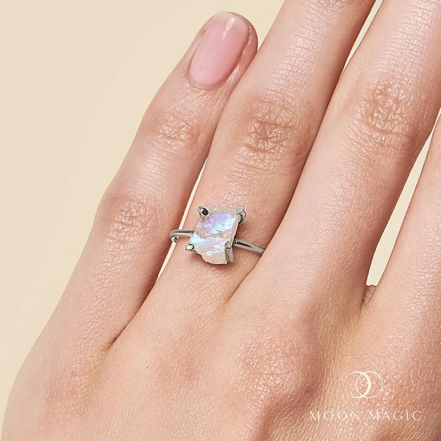 Moon Magic - Authentic Moonstone, Amethyst, Rose Quartz, Aquamarine Rings/Real 925 Sterling Silver - 18K Rose Gold Raw Cristal Rings for Women/Genuine Jewelry