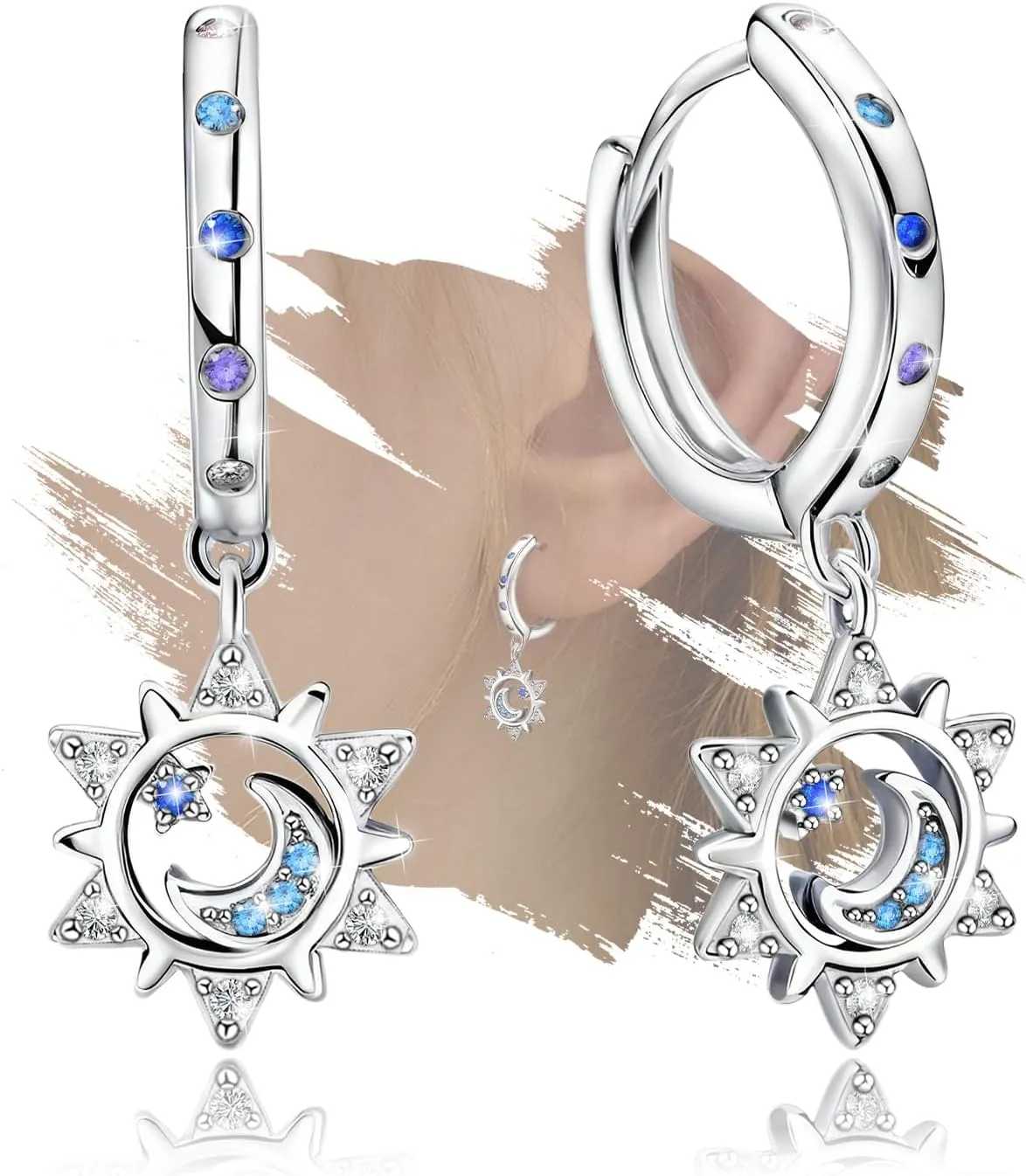 Moon Star Earrings for Women Sterling Silver Star Shaped Earrings Trendy Hypoallergenic Cubic Zirconia Star Moon Hoop Earrings with Dangle Fashion Loop Earrings Gifts for Christmas Birthday