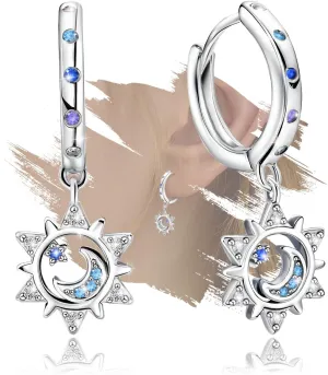 Moon Star Earrings for Women Sterling Silver Star Shaped Earrings Trendy Hypoallergenic Cubic Zirconia Star Moon Hoop Earrings with Dangle Fashion Loop Earrings Gifts for Christmas Birthday