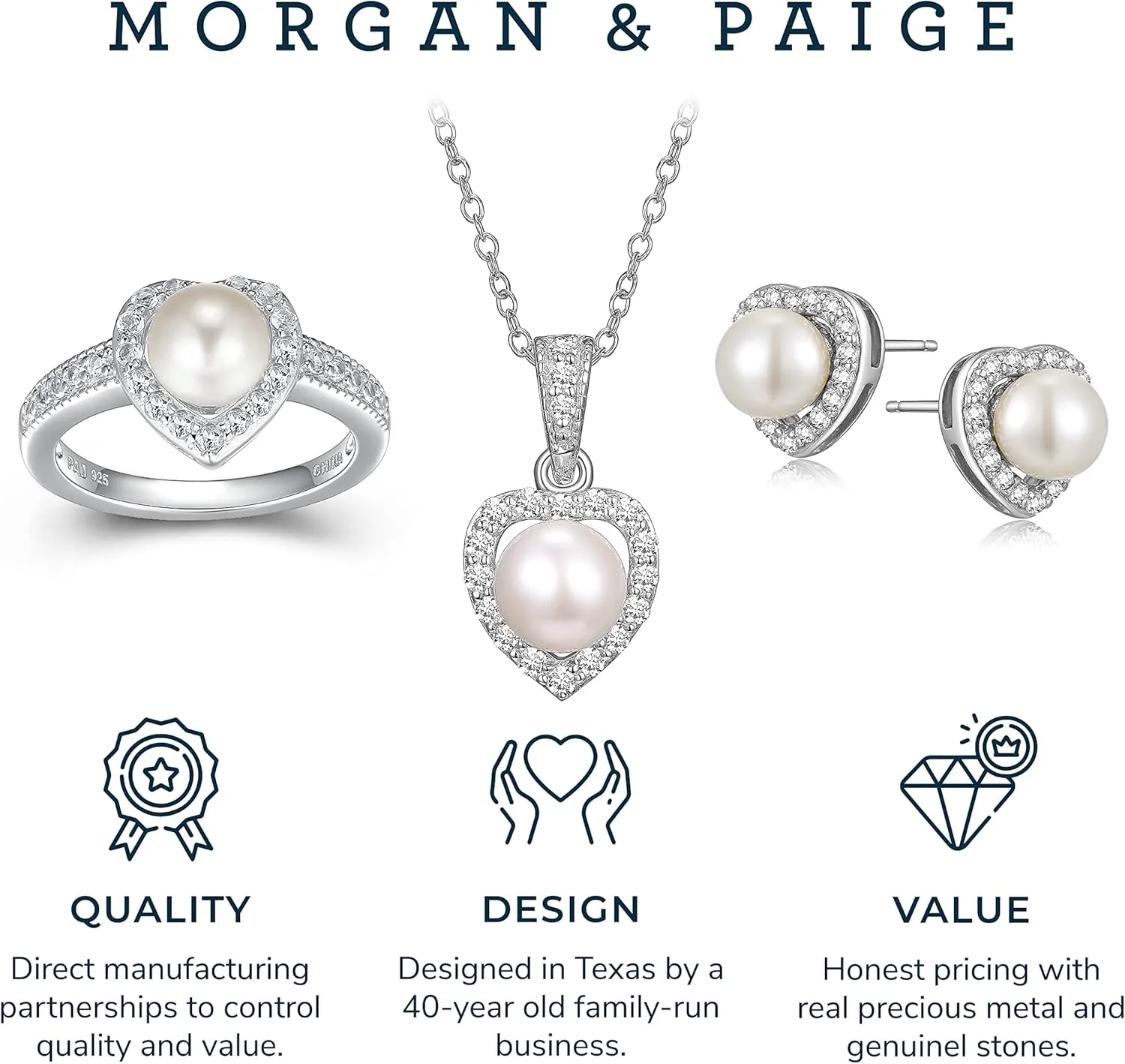 MORGAN & PAIGE .925 Sterling Silver Gemstones and White Sapphire Halo Heart Pendant Necklace, Ring and Stud Earrings for Women Set - Birthstone Jewelry Sets for Women, 18in Cable Chain, Size 7 Ring