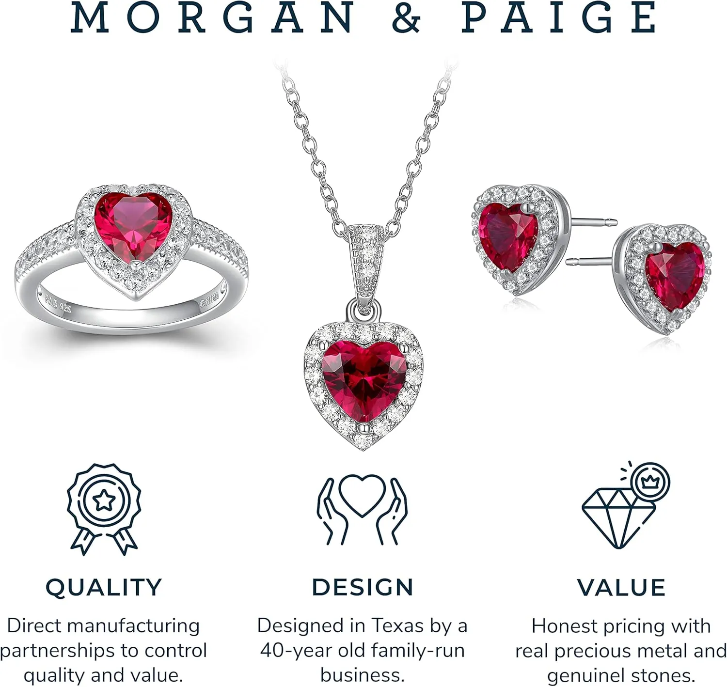 MORGAN & PAIGE .925 Sterling Silver Gemstones and White Sapphire Halo Heart Pendant Necklace, Ring and Stud Earrings for Women Set - Birthstone Jewelry Sets for Women, 18in Cable Chain, Size 7 Ring
