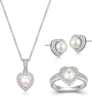MORGAN & PAIGE .925 Sterling Silver Gemstones and White Sapphire Halo Heart Pendant Necklace, Ring and Stud Earrings for Women Set - Birthstone Jewelry Sets for Women, 18in Cable Chain, Size 7 Ring