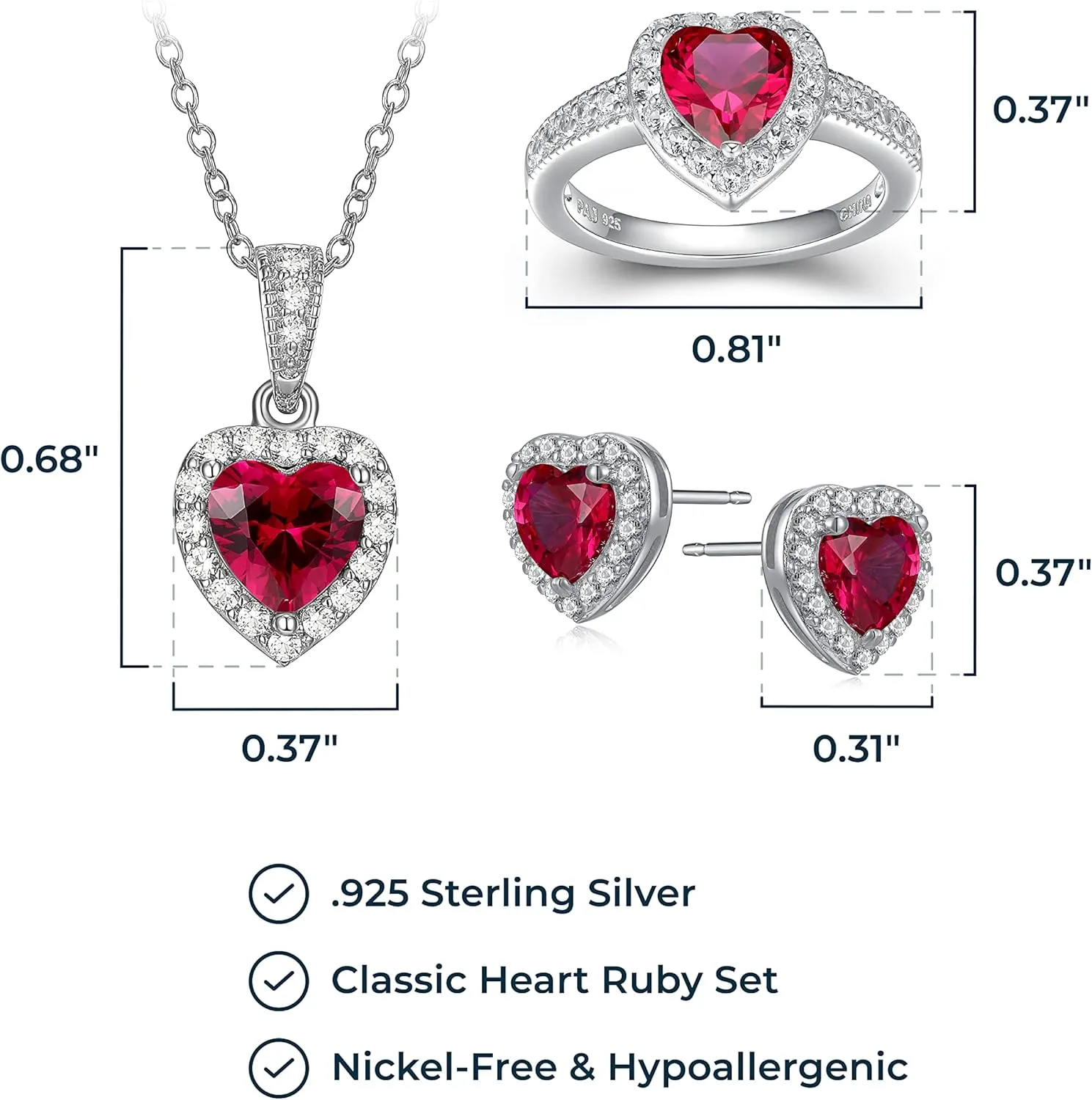 MORGAN & PAIGE .925 Sterling Silver Gemstones and White Sapphire Halo Heart Pendant Necklace, Ring and Stud Earrings for Women Set - Birthstone Jewelry Sets for Women, 18in Cable Chain, Size 7 Ring