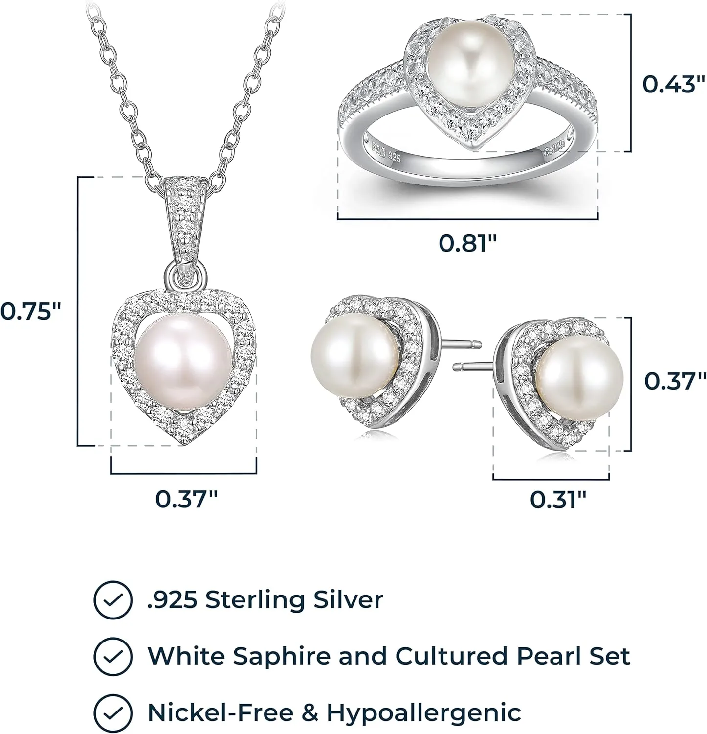 MORGAN & PAIGE .925 Sterling Silver Gemstones and White Sapphire Halo Heart Pendant Necklace, Ring and Stud Earrings for Women Set - Birthstone Jewelry Sets for Women, 18in Cable Chain, Size 7 Ring