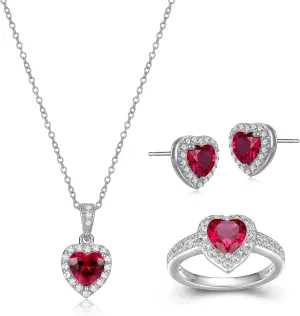MORGAN & PAIGE .925 Sterling Silver Gemstones and White Sapphire Halo Heart Pendant Necklace, Ring and Stud Earrings for Women Set - Birthstone Jewelry Sets for Women, 18in Cable Chain, Size 7 Ring