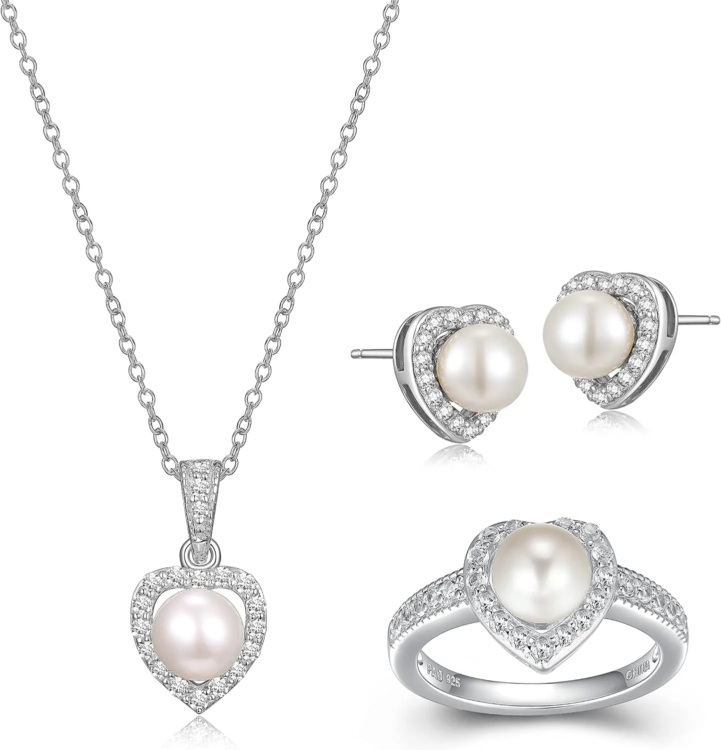 MORGAN & PAIGE .925 Sterling Silver Gemstones and White Sapphire Halo Heart Pendant Necklace, Ring and Stud Earrings for Women Set - Birthstone Jewelry Sets for Women, 18in Cable Chain, Size 7 Ring