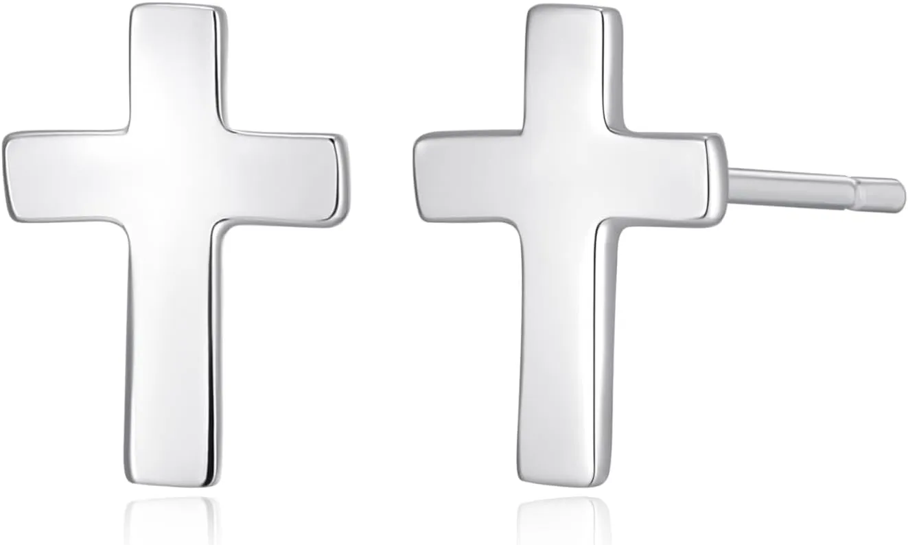 MORGAN & PAIGE .925 Sterling Silver Rhodium Plated Cross Circle Hoop Earrings or Small Stud Earrings for Women - Lightweight Dainty Sterling Silver Earrings, Hypoallergenic Religious Faith Jewelry