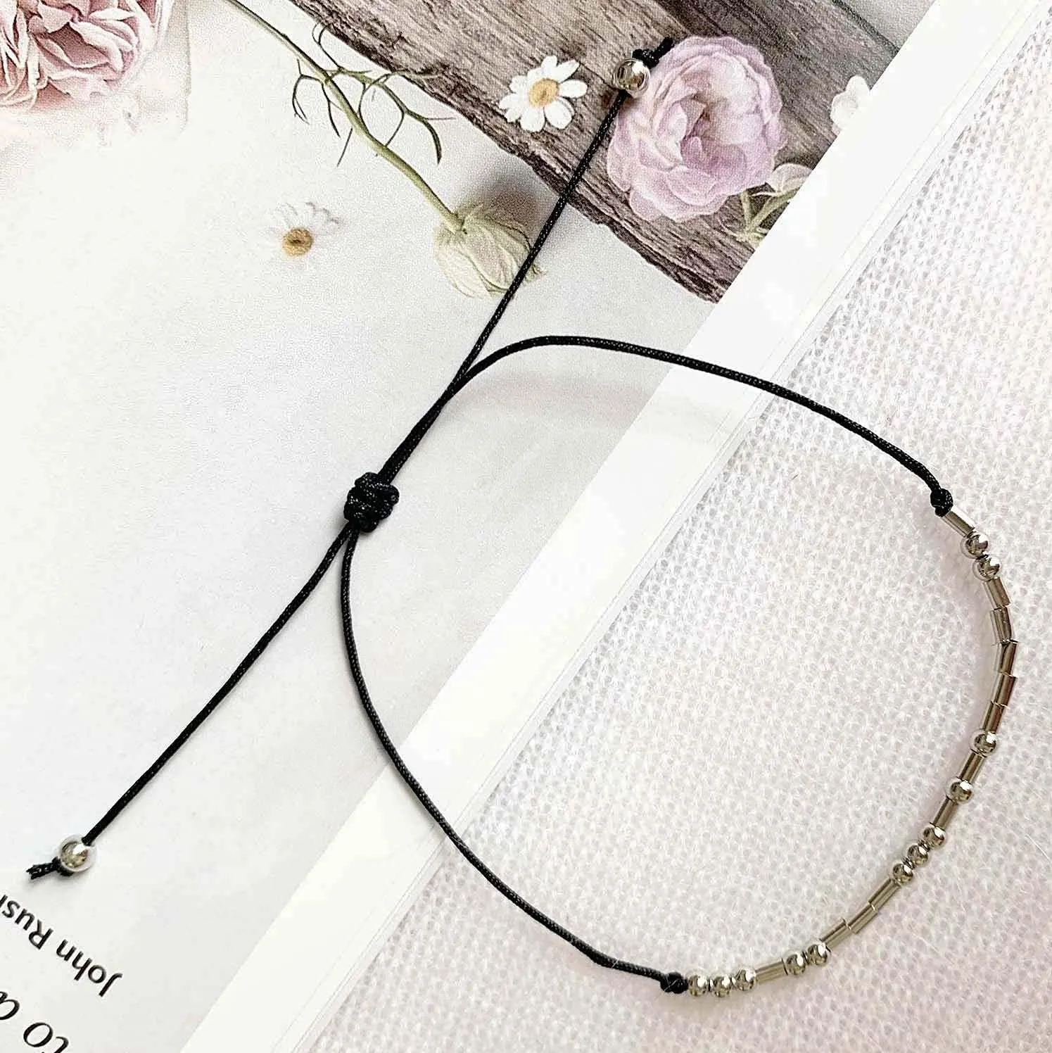 Morse Code Bracelets Adjustable Sterling Silver Beads on Silk Cord Inspirational Jewelry Bracelet Gift for Women