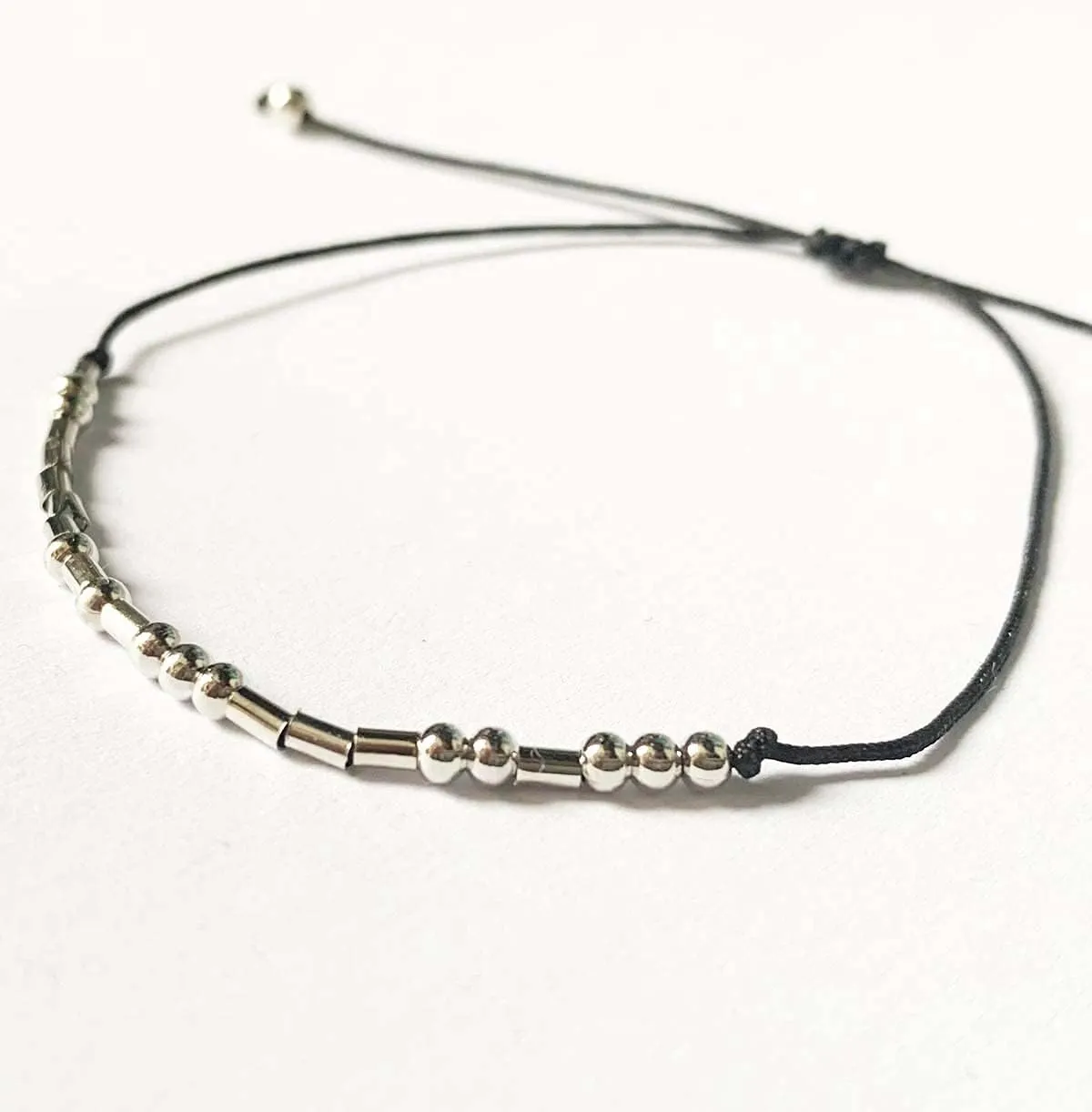 Morse Code Bracelets Adjustable Sterling Silver Beads on Silk Cord Inspirational Jewelry Bracelet Gift for Women