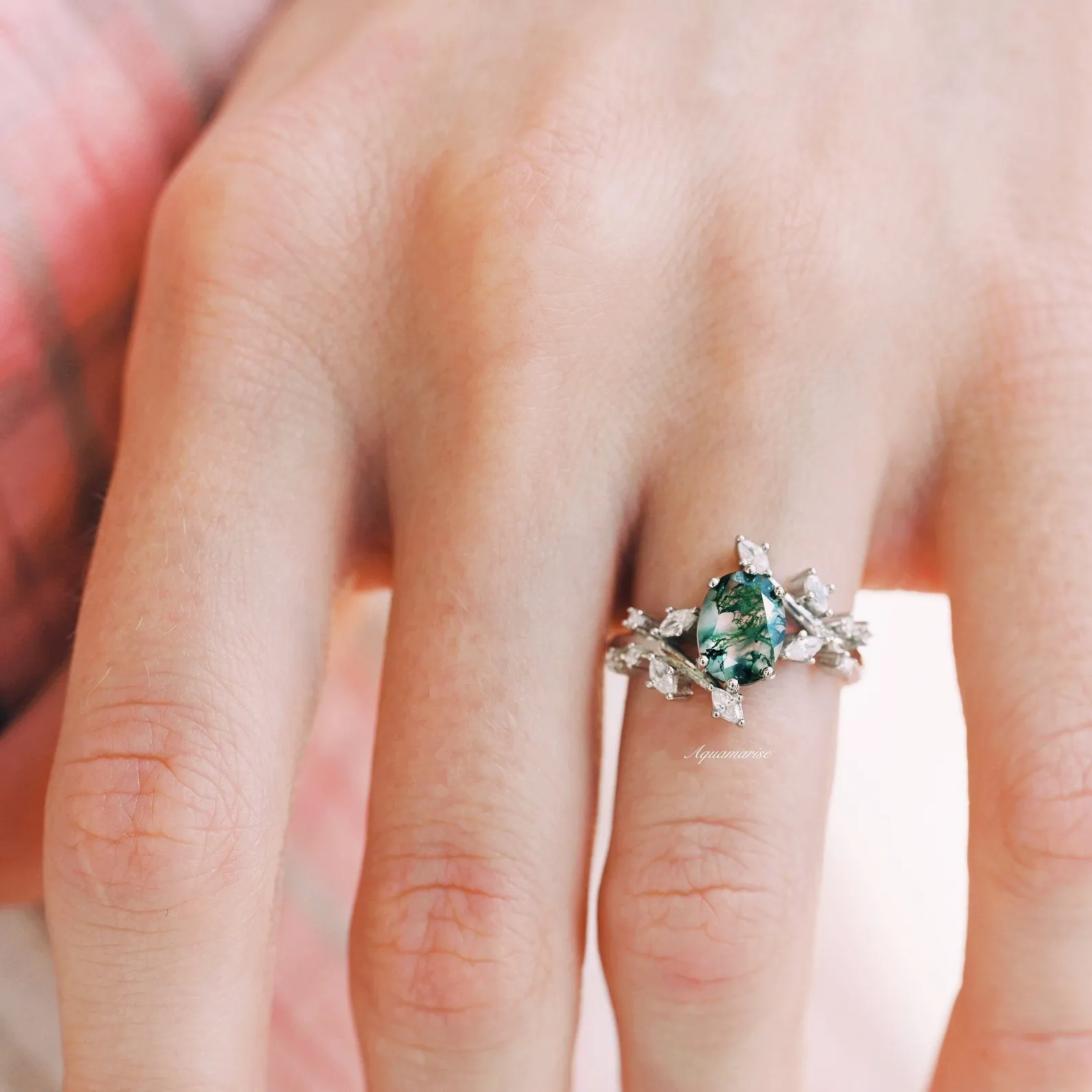 Moss Agate Leaf Couples Ring