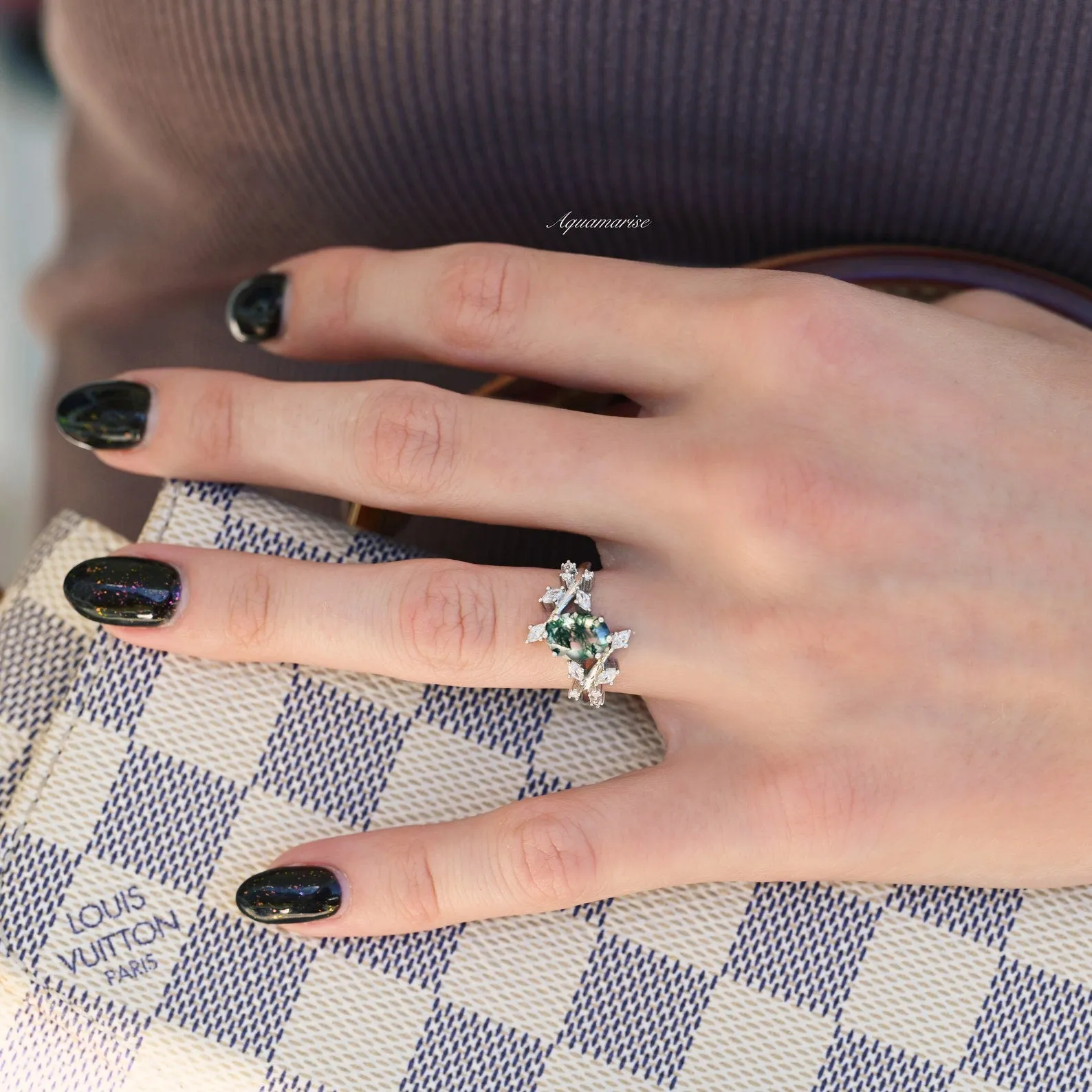 Moss Agate Leaf Couples Ring