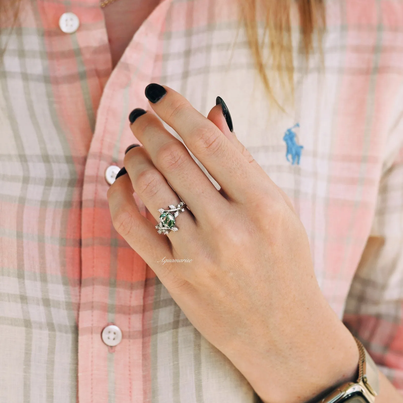Moss Agate Leaf Couples Ring
