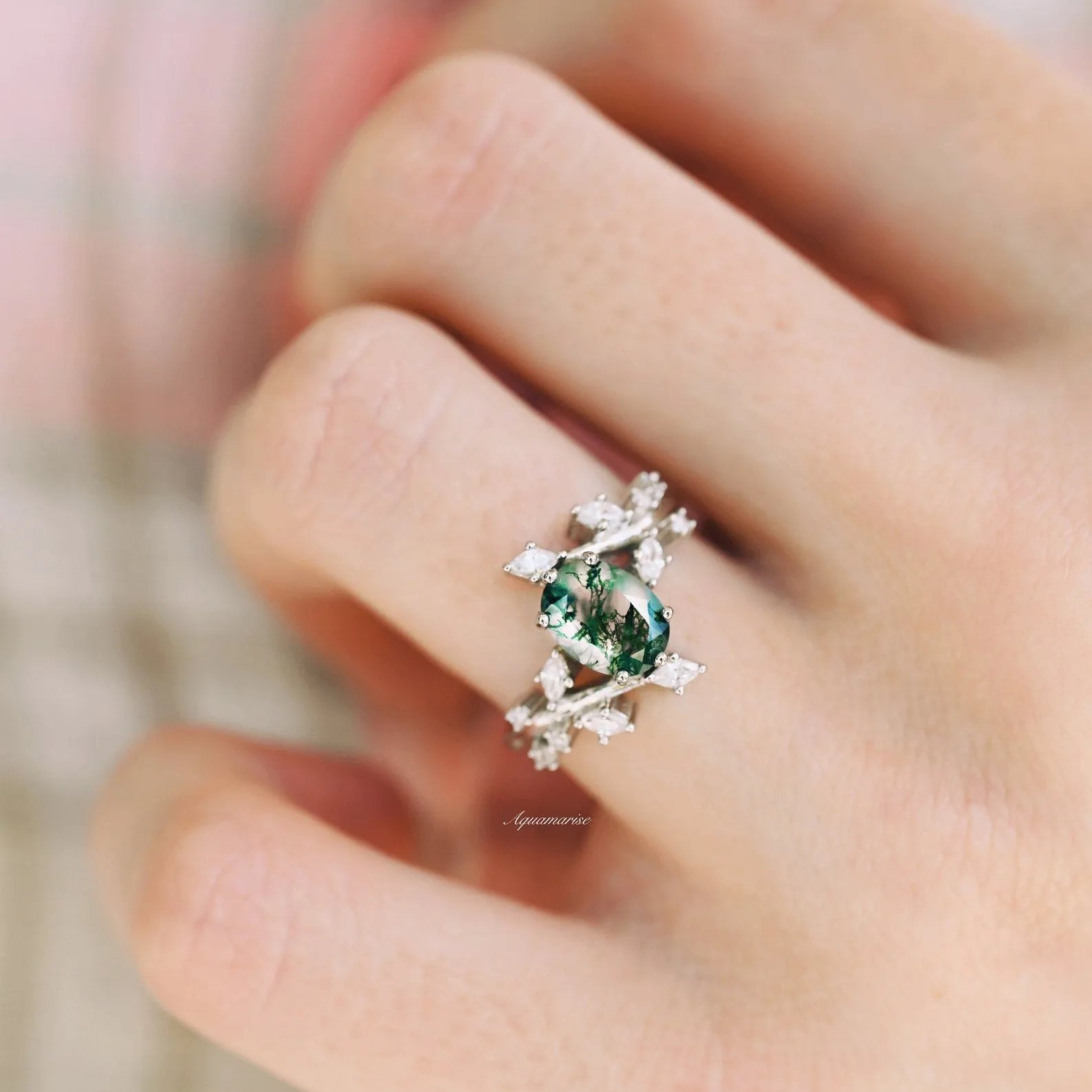 Moss Agate Leaf Couples Ring