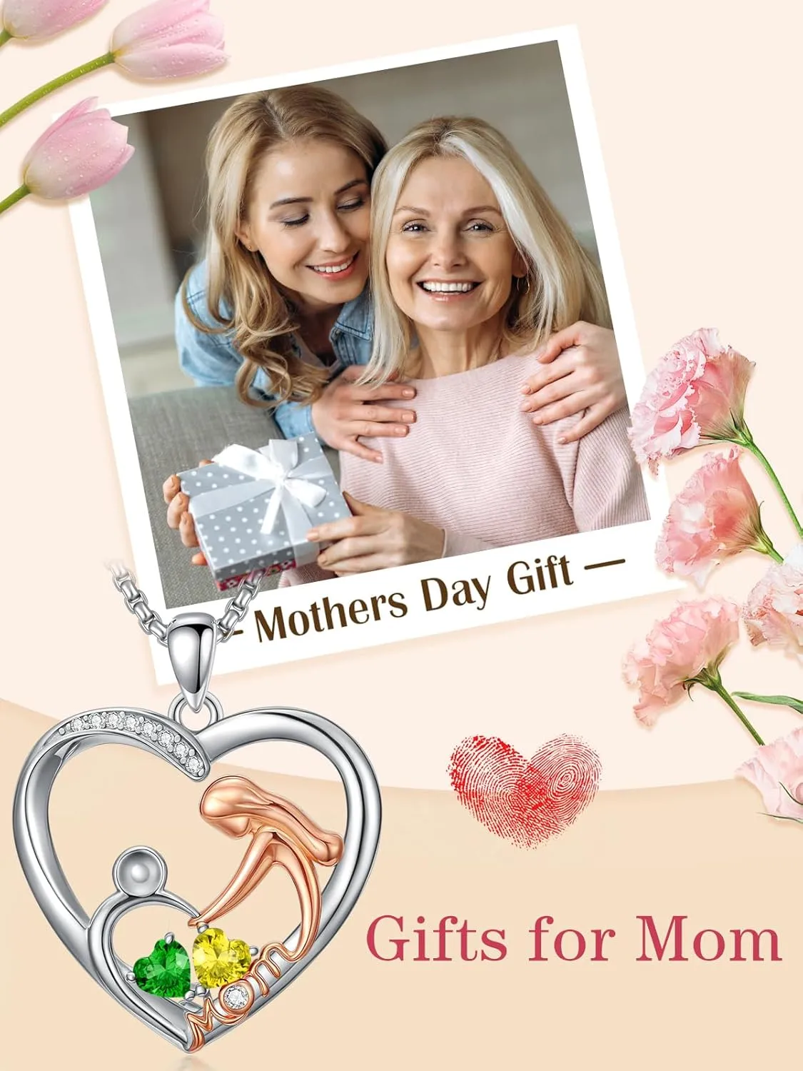 Mother and Daughter/Son Heart Double Birthstone Pendant Necklace, Christmas Birthday Jewelry Gifts for Women Mom Grandmather