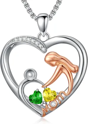 Mother and Daughter/Son Heart Double Birthstone Pendant Necklace, Christmas Birthday Jewelry Gifts for Women Mom Grandmather