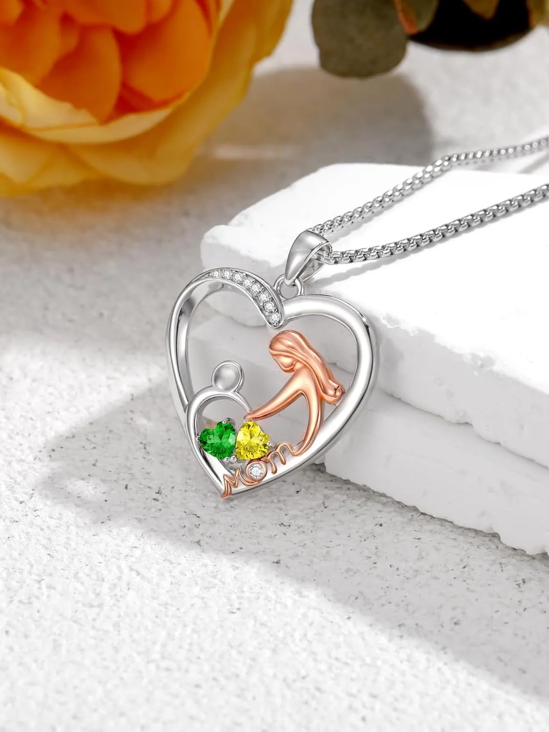 Mother and Daughter/Son Heart Double Birthstone Pendant Necklace, Christmas Birthday Jewelry Gifts for Women Mom Grandmather