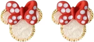 Mouse gold womens earrings with red and white polka dot bow gold trim for sensitive ears that are hypoallergenic sterling silver stud posts for vacation that are lightweight and comfortable