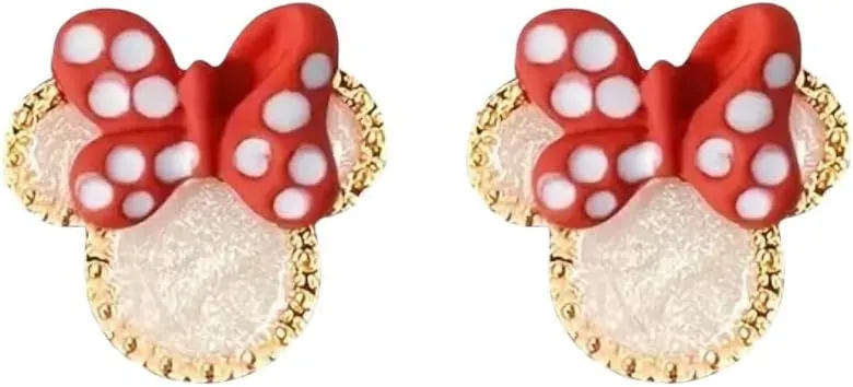 Mouse gold womens earrings with red and white polka dot bow gold trim for sensitive ears that are hypoallergenic sterling silver stud posts for vacation that are lightweight and comfortable