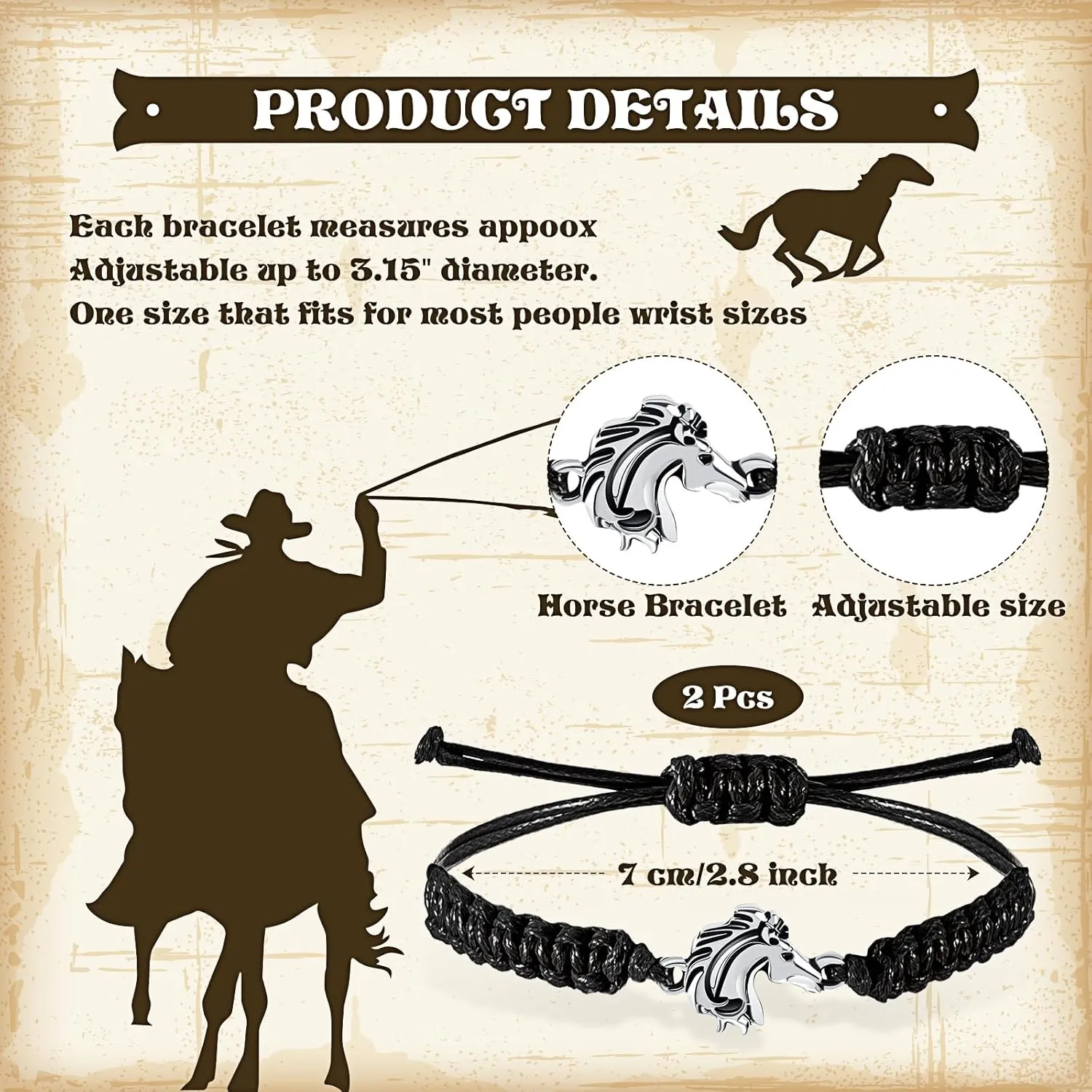 MTLEE Horse Bit Charm Bracelet 2 Pcs Horse Lovers Equestrian Jewelry Adjustable Hose Charm Bracelets for Teens Girls Boys